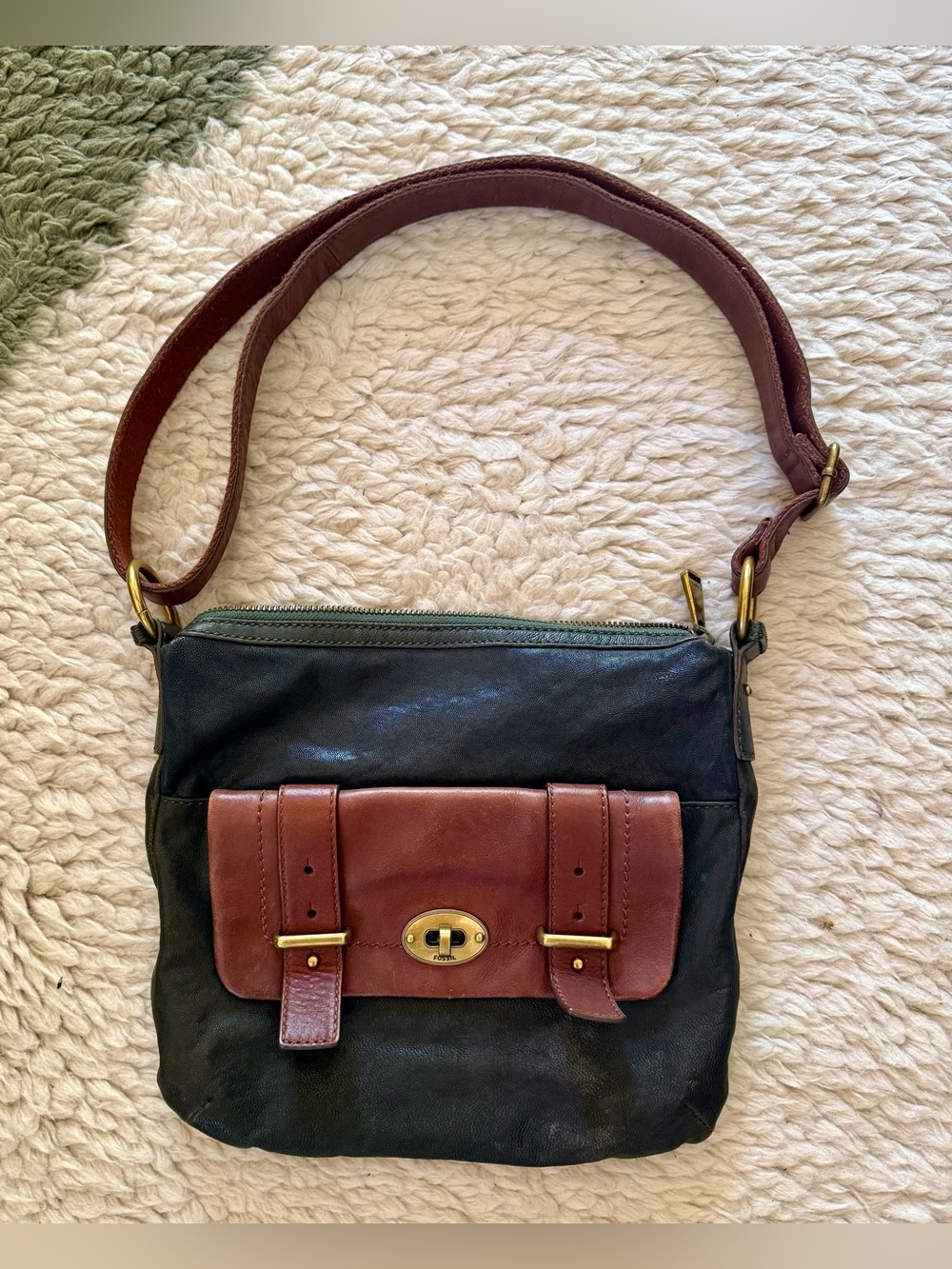 Fossil “Long Live Vintage” Revival Flap Crossbody Blue Green & Cognac Purse